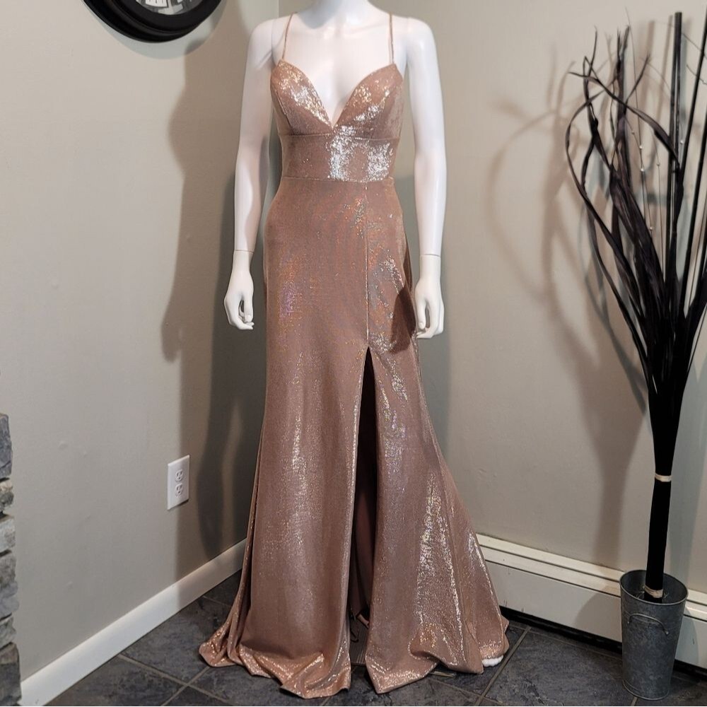 NWT Faviana Glamour Rose Gold Mermiad V-neck Spaghetti Strap Formal Dress Size 8